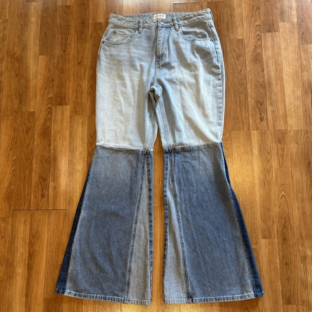 SHYANNE WOMEN'S TWO TONE LIGHT WASH HIGH RISE FLARE JEANS 33‎ SHORT Western - Picture 4 of 14